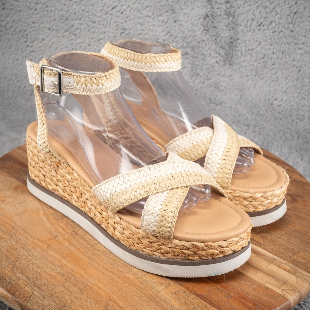 Dolce Vita Espadrille Platform Wedge Sandals Taupe Suede Raffia Womens 8.5 - Picture 1 of 7